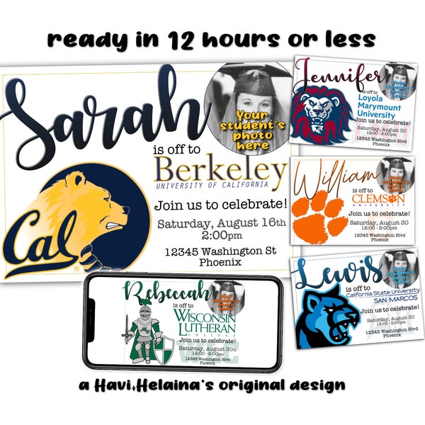 Custom College University logo mascot Going Away Party Digital Invitation Photo Invite High School Graduation Graduate Grad celebration