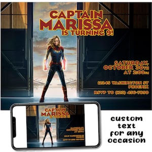 Invito per festa di compleanno stampabile personalizzato Captain Marvel Comics Super Heroes File digitale Testo E-mail Stampa Condividi Post Invia