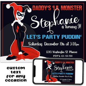 Harley Quinn Fumetti Supereroi Invito personalizzato per festa di compleanno stampabile Download digitale File immagine Testo Stampa E-mail Condividi Invia
