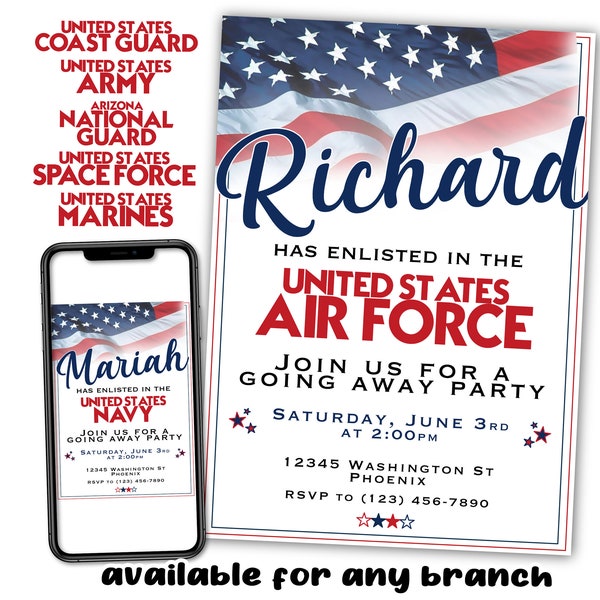 Custom Military Enlistment Going Away Digital Printable Invitation Invite National Guard Navy Marines Army Coast Guard Space Air Force