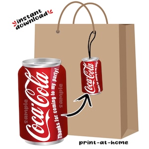 Etiquetas para sacolas de lembrancinhas de festa com tema de lata de refrigerante Coca-Cola, para impressão instantânea, download de arquivo digital, impressão em casa, sem espera, faça você mesmo de última hora, no mesmo dia