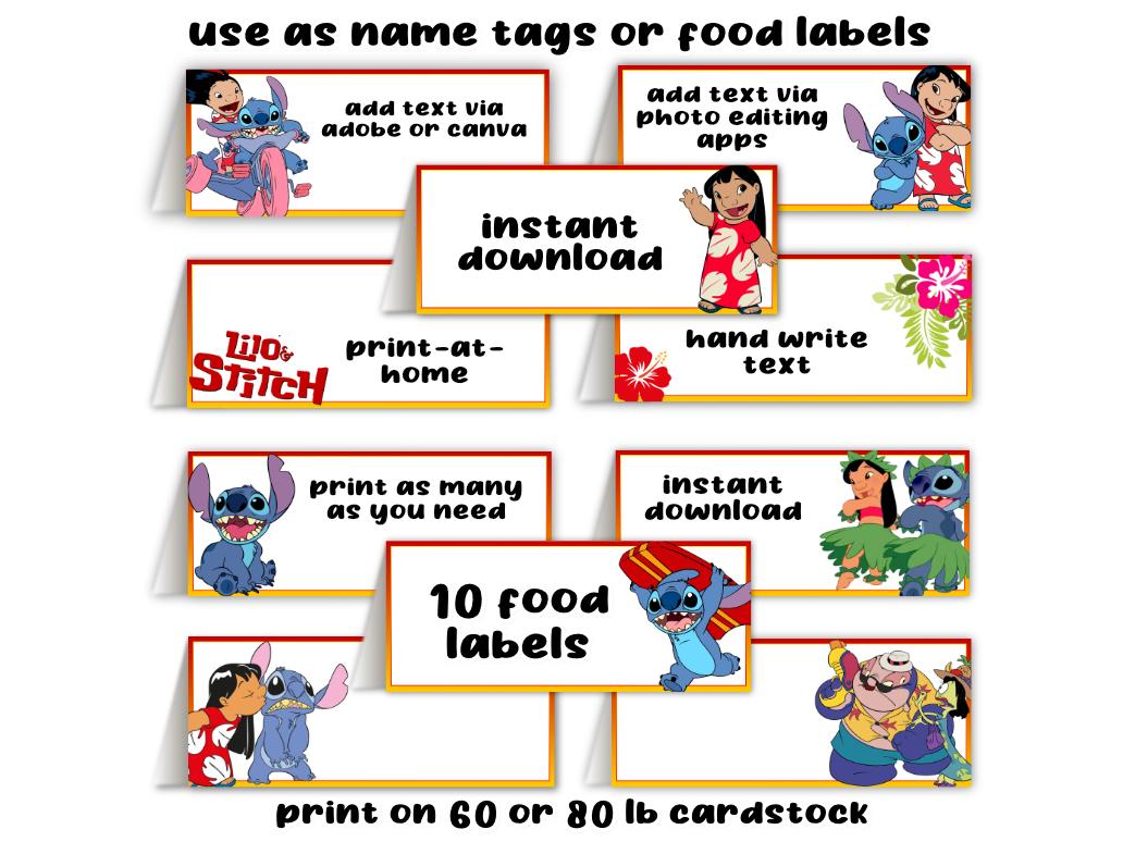 Lilo and Stitch Birthday Party Food Label Table Tents Digital File Instant Download Printable Name Tags No Wait Last Minute DIY Place Cards