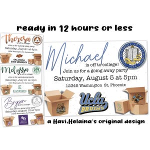 Custom Off to College University logo mascot Going Away/Bed Party Digital Invitation Invite High School Graduation Text Email Print Post