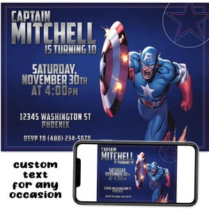 Captain America Marvel Comics Super Heroes Invito personalizzato per festa di compleanno stampabile Download digitale File immagine Testo Stampa Email Post