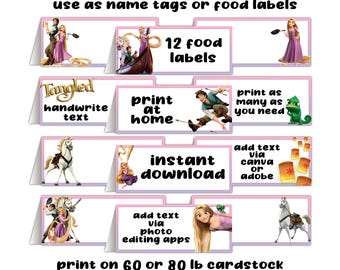 12 Tangled Rapunzel Birthday Party Printable Food Label Table Tents Digital File Instant Download No Wait Last Minute DIY Place Cards Dozen