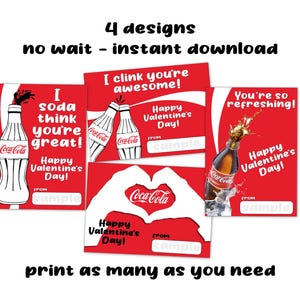 Descarga instantánea imprimible digital de archivo PDF para adolescentes y preadolescentes de Coca-Cola para San Valentín: entrega de último minuto el mismo día, impresión de refresco de cola DIY