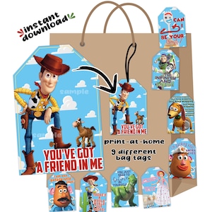 Etiquetas para bolsas de regalo con 9 personajes de Toy Story para fiestas de cumpleaños, descarga instantánea, archivo digital imprimible (sin esperas, último minuto, el mismo día).