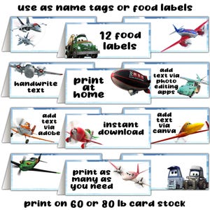 Etiquetas de comida para festa de aniversário de aviões, tendas de mesa, arquivo digital, para impressão, download instantâneo - sem espera, de última hora, faça você mesmo, cartões de lugar, placa
