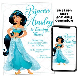 Prinses Jasmine Aladdin aangepaste afdrukbare verjaardagsuitnodiging voor verjaardagsfeestje Digitale download afbeeldingsbestand Tekst Afdrukken E-mail Posten Delen Verzenden