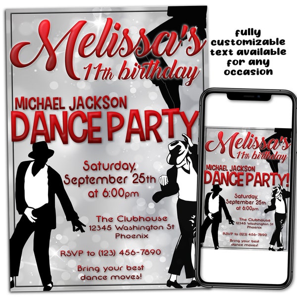 Michael Dance Party Customized Birthday Printable Invitation Digital File Print Text Email