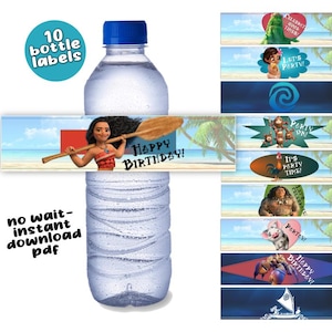 Étiquettes de bouteille Moana Invitation fichier numérique imprimable Téléchargement instantané PDF DIY de dernière minute sans attendre, impression à la maison, emballage de gobelet