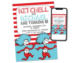 Thing 1 and Thing 2 Twins Siblings Custom Birthday Party Invitation Digital File