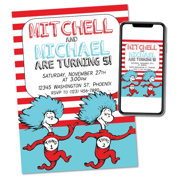 Thing 1 and Thing 2 Twins Siblings Custom Birthday Party Invitation Digital File