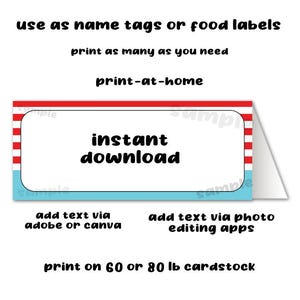 Seuss Party Dusche Lebensmittel Etikett Namensschild Tisch Zelte druckbare digitale Datei Sofort-Download Keine Wartezeit Last Minute DIY Tischkarten Jeden Anlass