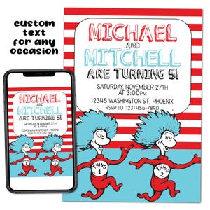 Thing 1 and Thing 2 Twins Siblings Custom Birthday Party Printable Invitation Digital Download Picture File Text Print Email Post