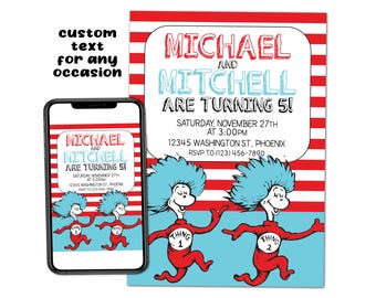 Thing 1 and Thing 2 Twins Siblings Custom Birthday Party Printable Invitation Digital Download Picture File Text Print Email Post