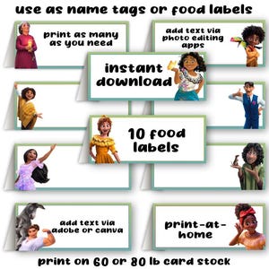 Etiquetas de comida para festa de aniversário Encanto, tendas de mesa, cartões de lugar, download instantâneo, arquivo digital, impressão, sem espera, mesmo dia, última hora, faça você mesmo