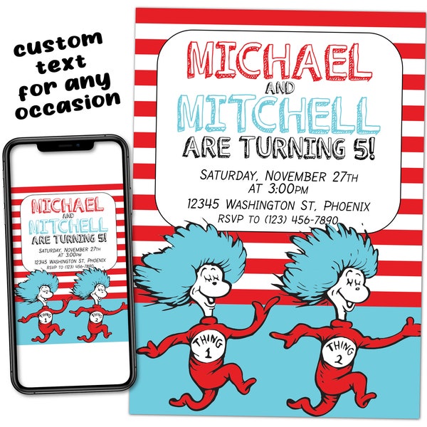 Thing 1 and Thing 2 Twins Siblings Custom Birthday Party Printable Invitation Digital Download Picture File Text Print Email Post