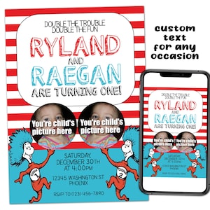 Thing 1 and Thing 2 Twins Siblings Photo/Picture Custom Birthday Party Printable Invitation Digital File Text Email Print Post Send Share