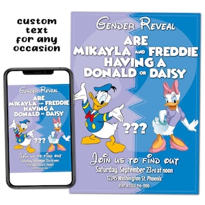 Kaczor Donald lub Daisy Niestandardowe przyjęcie z okazji ujawnienia płci dziecka Baby Shower Wydrukowane zaproszenie Cyfrowe pobieranie Plik ze zdjęciem Tekst Drukuj Opublikuj Udostępnij E-mail