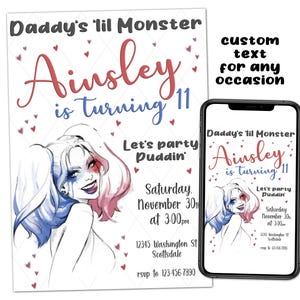 Harley Quinn Fumetti Supereroi Invito personalizzato per festa di compleanno stampabile Download digitale File immagine Testo Stampa Email Post Condividi
