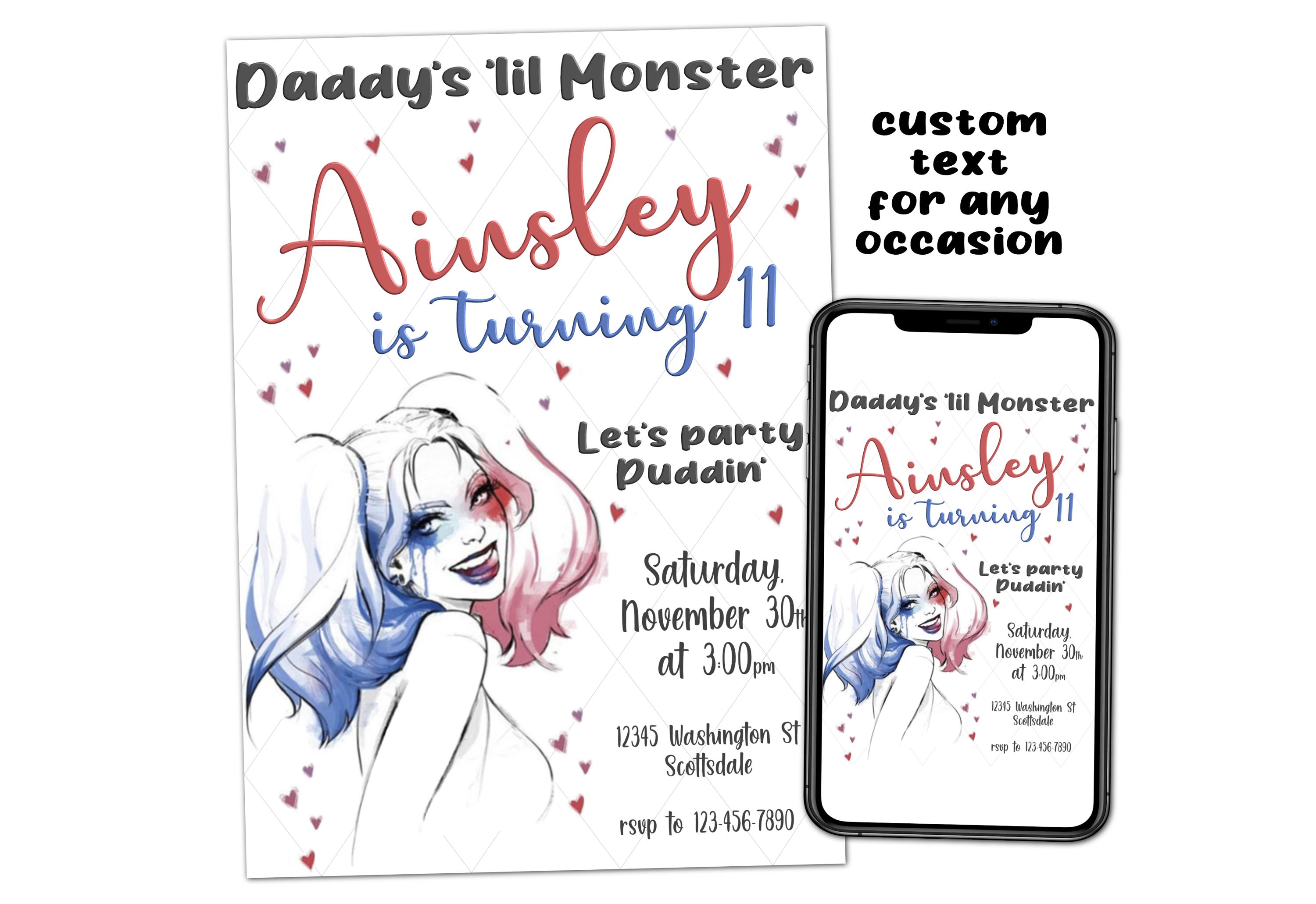 Harley Quinn Comics Super Heroes Custom Birthday Party Printable Invitation Digital Download Picture File Text Print Email Post Share