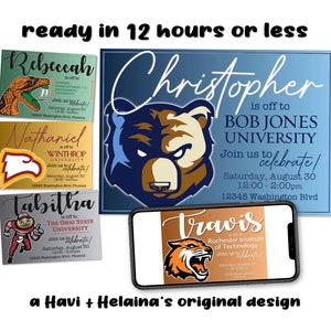 Custom College University logo mascotte Going Away bed digitale afdrukbare uitnodiging feest uitnodiging middelbare school afstuderen viering achtergrond