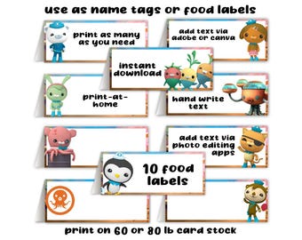 Octonauts Birthday Party Food Label Table Tents Digital File Instant Printable Download DIY No Wait Last Minute Place Cards Name Tags