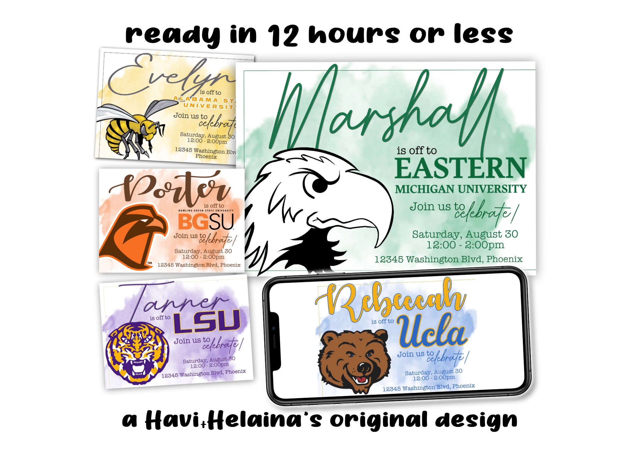 Custom College University logo mascot Going Away/Bed Party Digital Printable Invite High School Graduation  watercolor Text Email Print Post