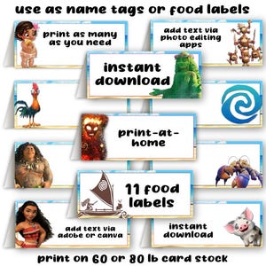 Moana partij afdrukbare voedseletiketten tafeltenten digitaal afdrukbaar bestand direct downloaden pdf DIY last minute dezelfde dag geen wachttijd plaatskaarten