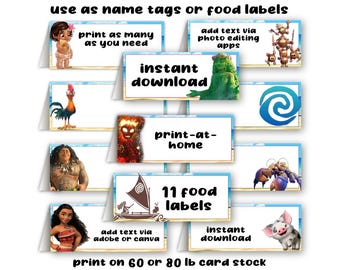 Moana Party Printable Food Labels Table Tents Digital Printable File Instant Download PDF DIY Last Minute Same Day No Wait Place Cards