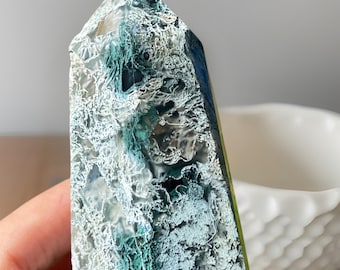 Chalcedony & Scenic Moss Agate XL Tower, Moody Chunky Moss Agate Point