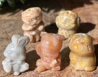 Tiny Fossilized Coral Animals , Small Crystal Carvings, Mini baby Bear, Cat, Bunny , Miniature Crystals, Coral Animal Beads