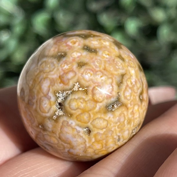 Ocean Jasper Orbicular Sphere with Yellow Bubbles, Old Stock Ocean Jasper AAA Grade Crystal