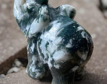 Moss Agate Large Elephant Crystal Carving, Green Moss elephants , Animal Crystals