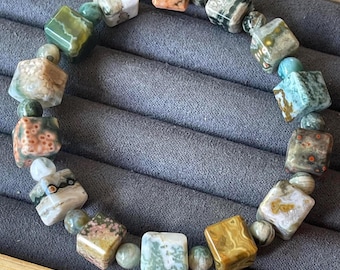 8th Vein Ocean Jasper Cube Beaded Bracelet, Orbicular Ocean Jasper old stock collectors edition Colorful 10mm & 6mm beads, #12