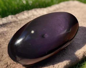 Purple Obsidian Palmstone, Polished Crystal Pocket Rock, Black Obsidian Purple Flash