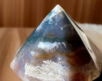 Moss Agate Crystal Diamond, Faceted Crystal Paperweight with Druzy, Unique Natural Stone, Rocks for Decor Crystal Grids