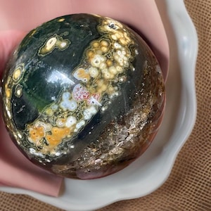 Orbicular Ocean Jasper Sphere with Greens & Pinks • Madagascar Vein Ocean Jasper • Natural Meditation Stone