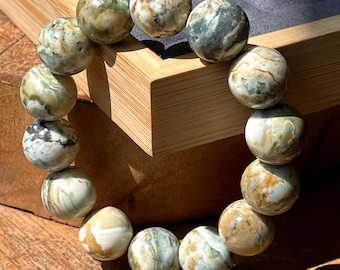 Natural Ocean Agate Beaded Bracelet 15mm – Layering Jewelry, Colorful Stacking Bracelet, Unique Collector’s Jewelry