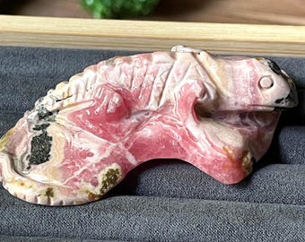 Rhodochrosite Lizard Sculpture: Hand Carved Pink Crystal Reptile Figurine