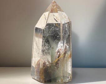 Garden Quartz Tower with Golden Healer • Lodolite Quartz • Ghost Crystal • Phantom Quartz Natural Crystal • Unique Home Décor Crystal & Gift