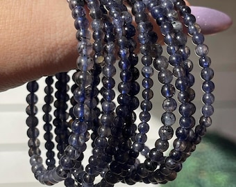 Iolite Dainty Bracelet - Stretchy 4mm or 5mm, Gemmy Blue Iolite Beaded bracelet, Collector’s edition handmade Unique Jewelry
