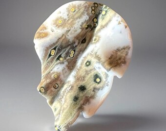 Orbicular Ocean Jasper Leaf Hand Carving, Natural Ocean Jasper Plant Sculpture, Unique Madagascar Old Stock Orbicular Jasper