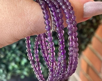 Amethyst Beaded Bracelet - 4mm Beads, Natural Deep Purple Grape Color Crystal Beads, Layering Gemstone Jewelry Gift