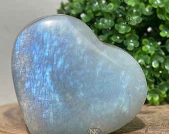 Green Moonstone Heart with Incredible BLUE Flash, High Quality Silky Sage Green Moonstone, Rare Unique Crystal Find