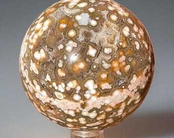 Orbicular Ocean Jasper Sphere, Green Druzy Pink Orange Bubbles Madagascar Ocean Jasper Statement Sphere