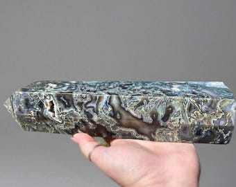 Moody Blue Moss Agate XXL Tower - 10.5 INCHES, Green & Grey Agate Statement Crystal, Natural Unique Home Decor
