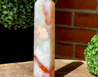 White Carnelian Flower Agate Large Tower, High Quality AAA Grade Collectors Edition Rare Find, #77