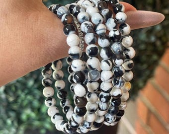 Orca Agate Beaded Bracelet - 6mm Beads, Natural Black & White Crystal Beads, Layering Gemstone Jewelry Gift